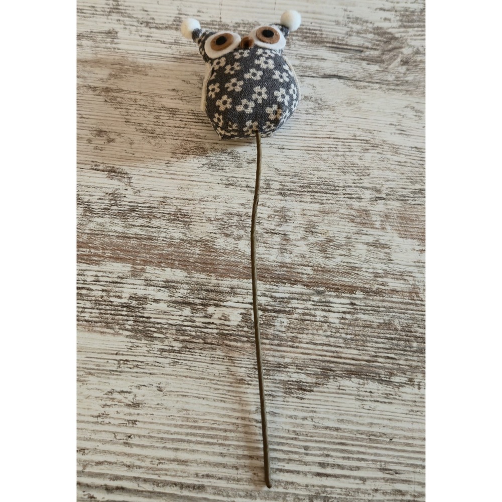 Gray White Floral Fabric Owl Pick 11in Wire Stem Wreath Floral Craft Decor
